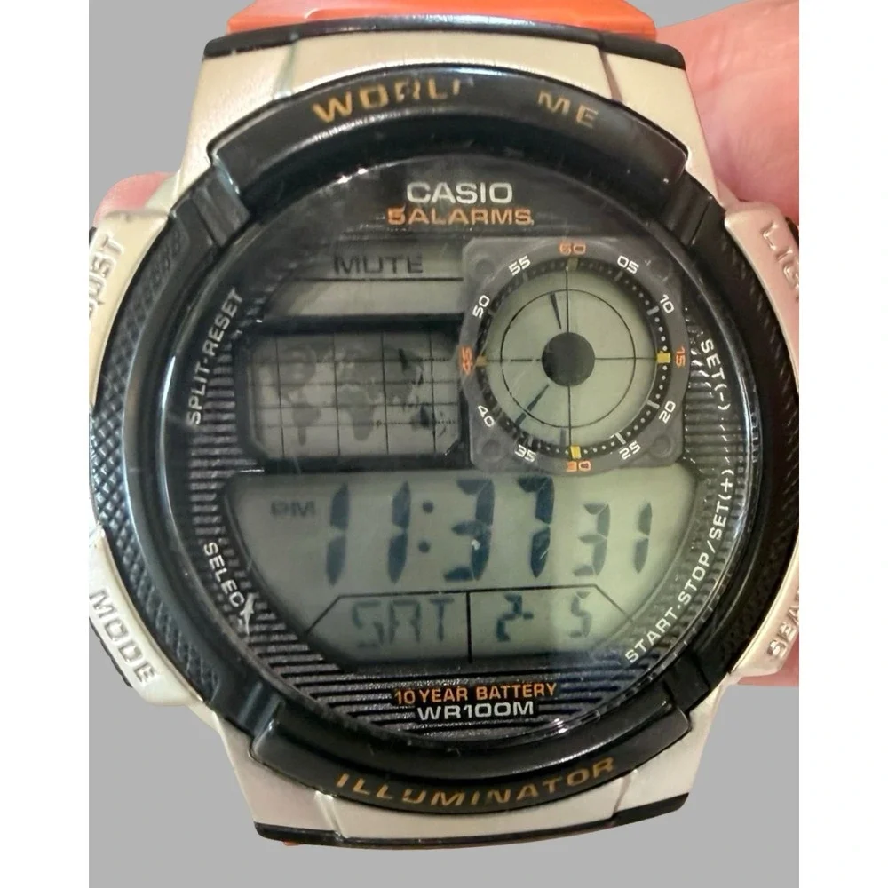 Casio AE-1000W-4BV World Time Digital Watch Orange Band 5 Alarms WR100M